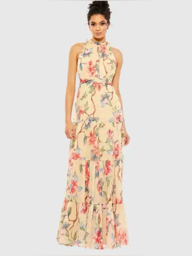 Ieena For Mac Duggal Floral Chiffon Halter Maxi Dress Nwt Romantic Boho